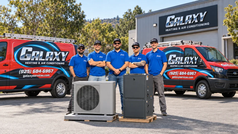 Galaxy crew with branded service vans, a heat pump, and furnace outside the Galaxy building